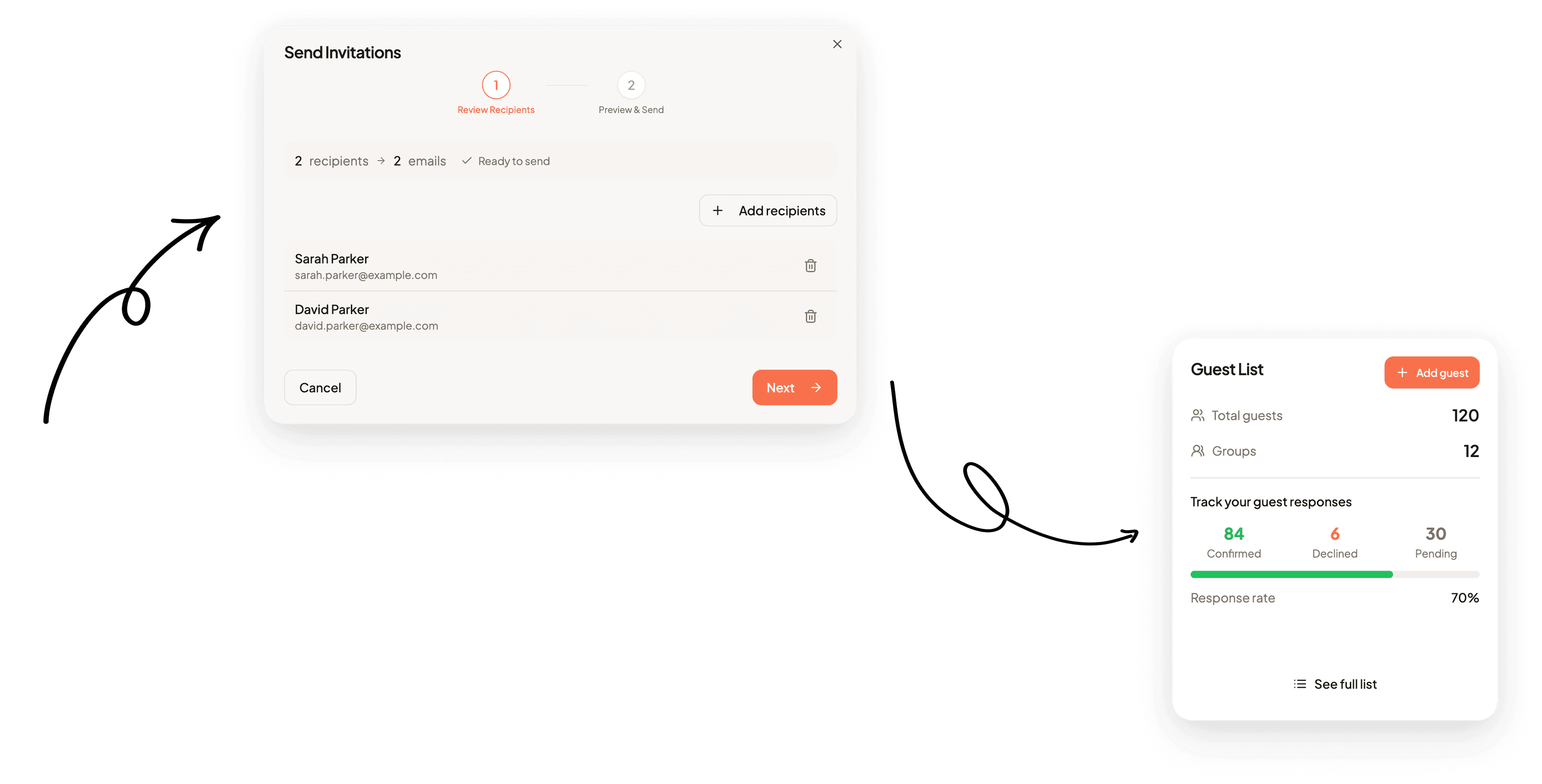 Guestlist workflow showing invite sending and response tracking